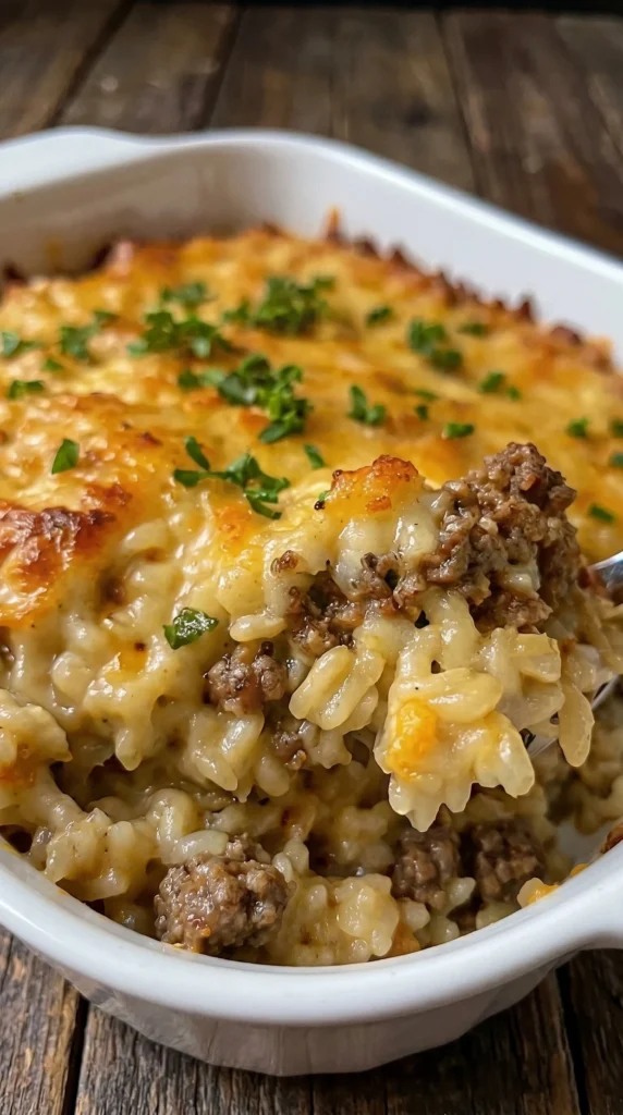 Cheesy ground beef rice casserole served in a baking dish