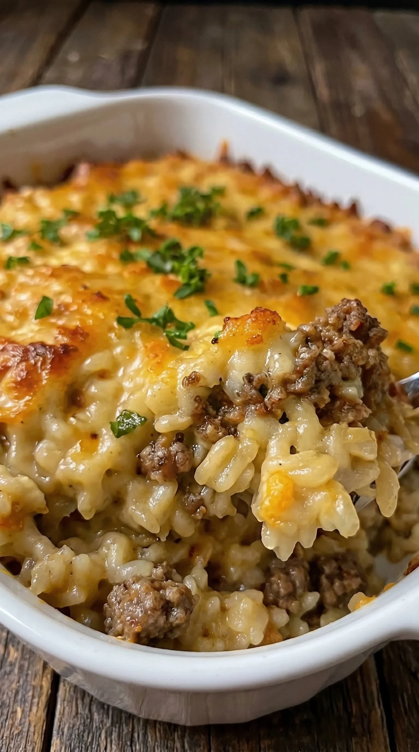 Cheesy ground beef rice casserole served in a baking dish