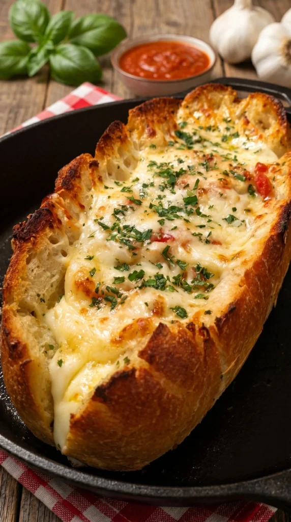 Cheesy stuffed Italian bread boat filled with cheese and herbs