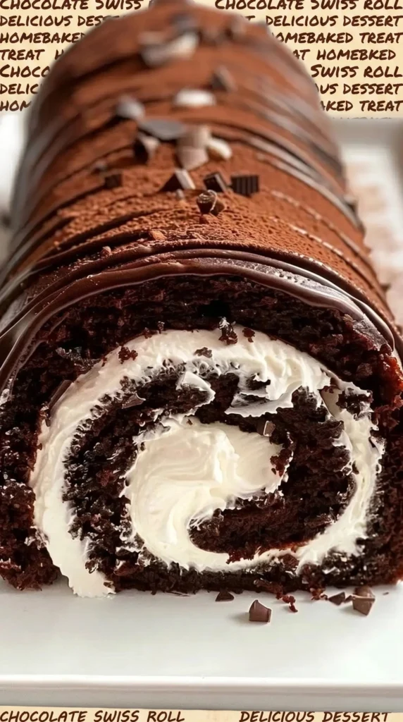 Delicious chocolate cake roll Swiss roll, garnished with chocolate and cream.