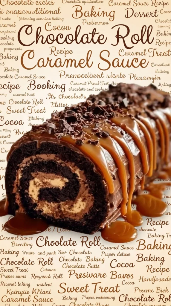 Delicious chocolate caramel cream roll topped with rich chocolate and caramel drizzle