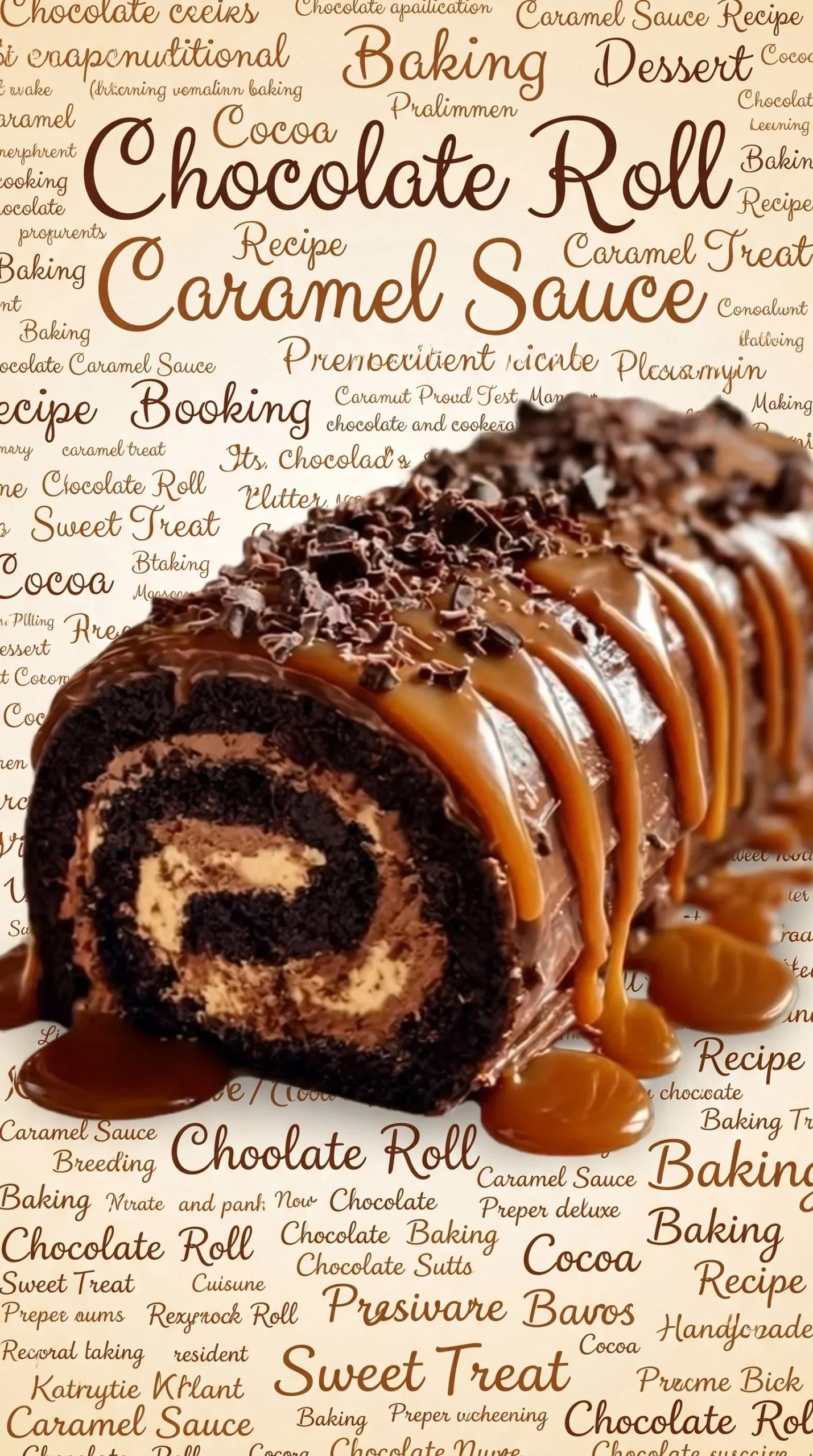 Delicious chocolate caramel cream roll topped with rich chocolate and caramel drizzle