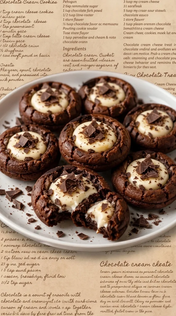 Delicious chocolate cream cheese thumbprint cookies on a baking tray