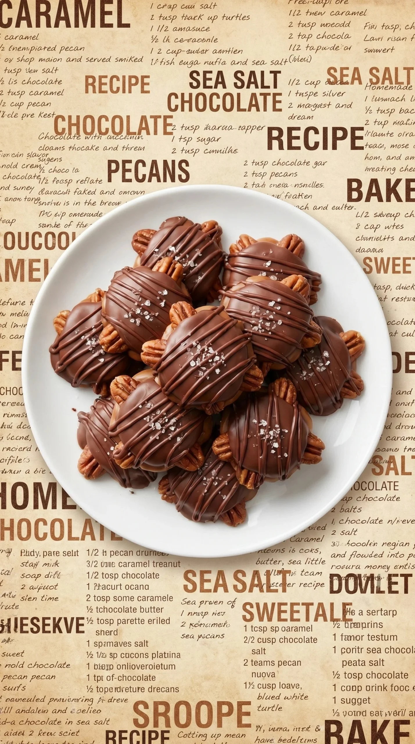 Chocolate pecan turtle clusters with caramel and nuts