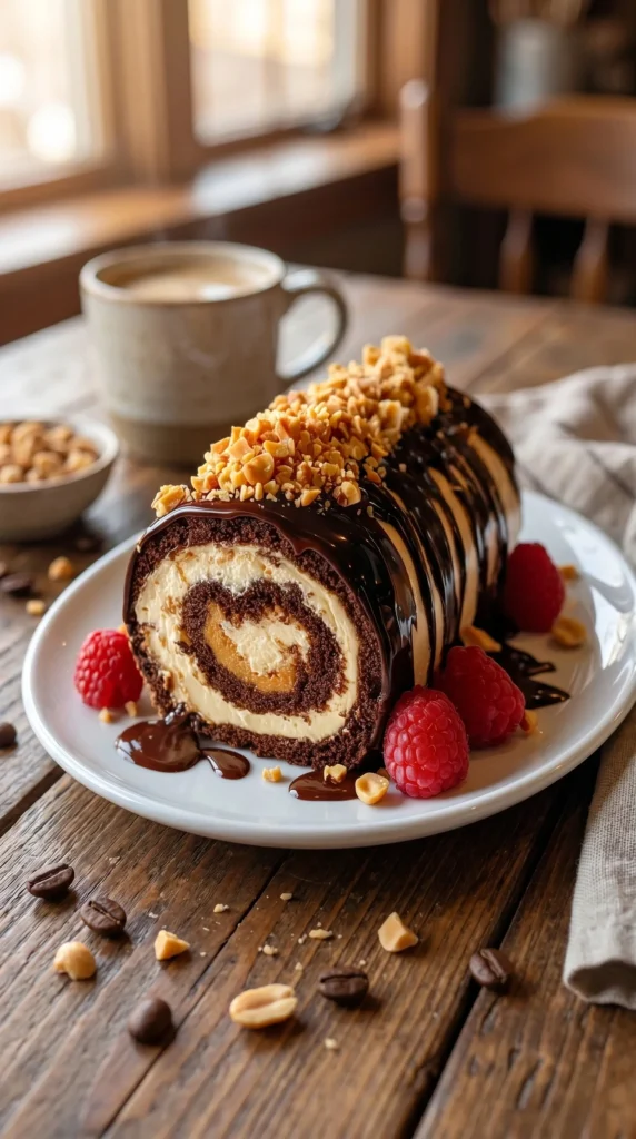 Chocolate roll cake with peanut butter cream filling and chocolate ganache
