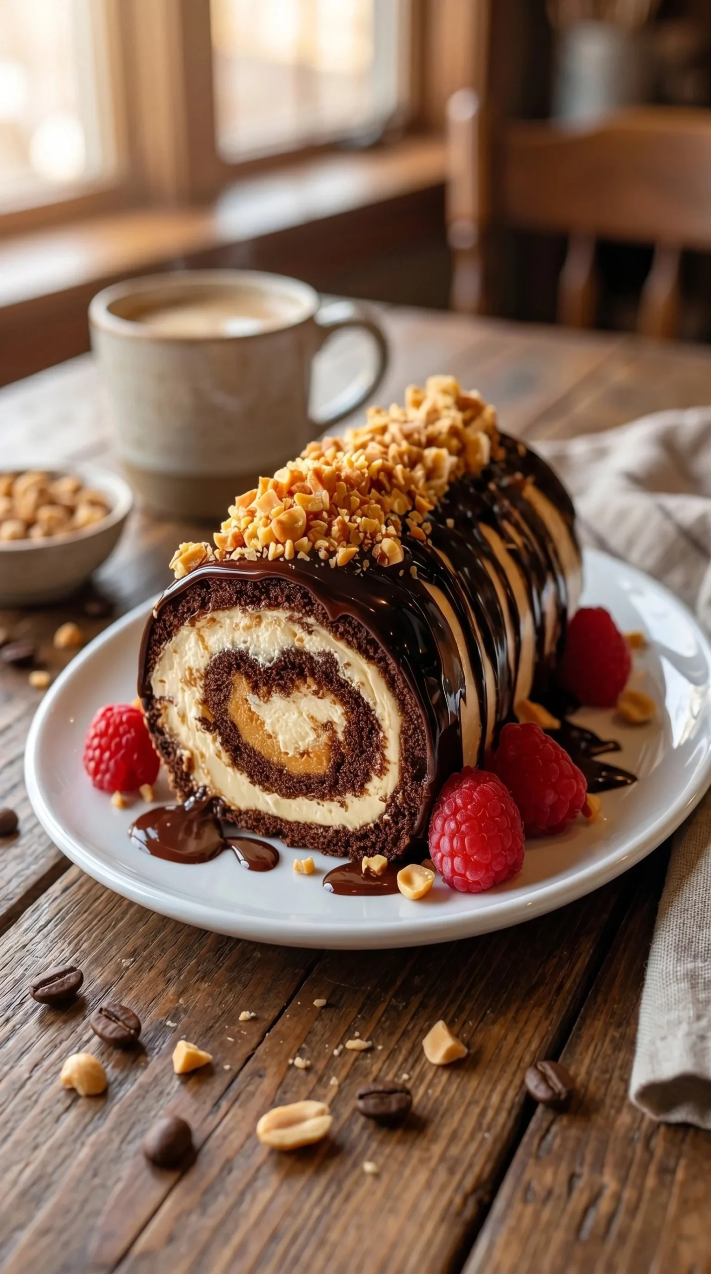 Chocolate roll cake with peanut butter cream filling and chocolate ganache