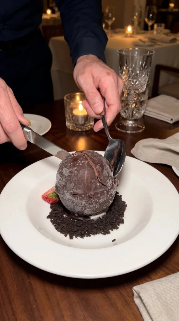Delicious Chocolate Shell Tartufo dessert with creamy filling and chocolate coating.