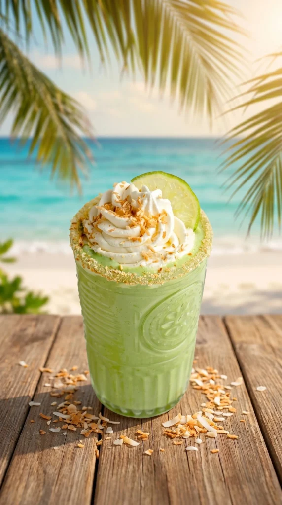 Refreshing Coconut Key Lime Pie Smoothie topped with lime slices.