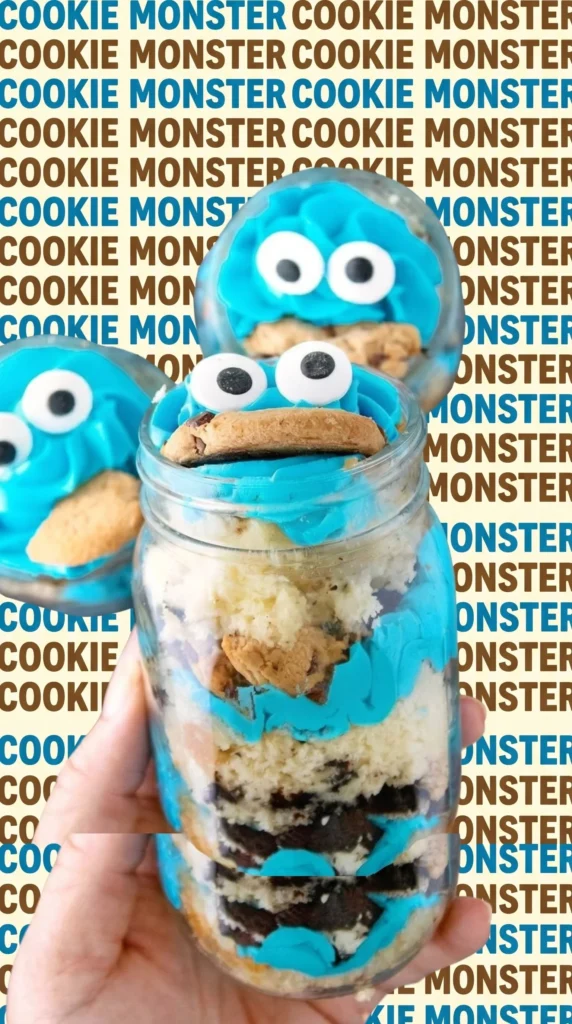 Delicious Cookie Monster Cake Jars filled with cookie crumbles and icing