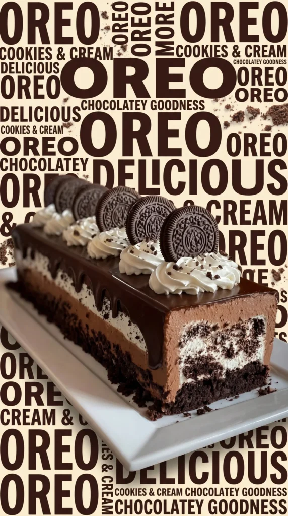 Delicious Cookies and Cream Mousse Cake topped with chocolate and cookie crumbs