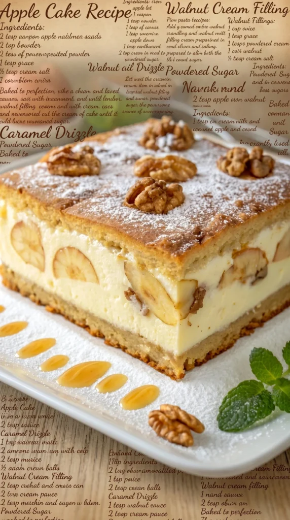 Slice of creamy Apple Walnut Cake with walnuts on top