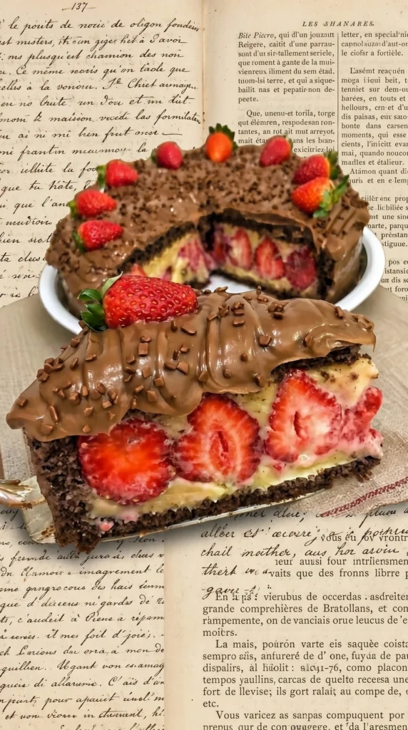 Delicious creamy chocolate strawberry cake with fresh berries and chocolate layers