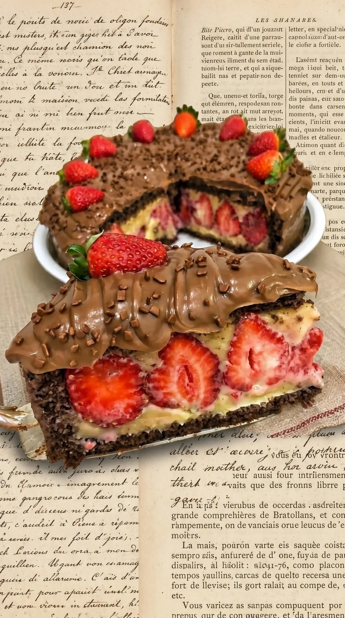 Delicious creamy chocolate strawberry cake with fresh berries and chocolate layers