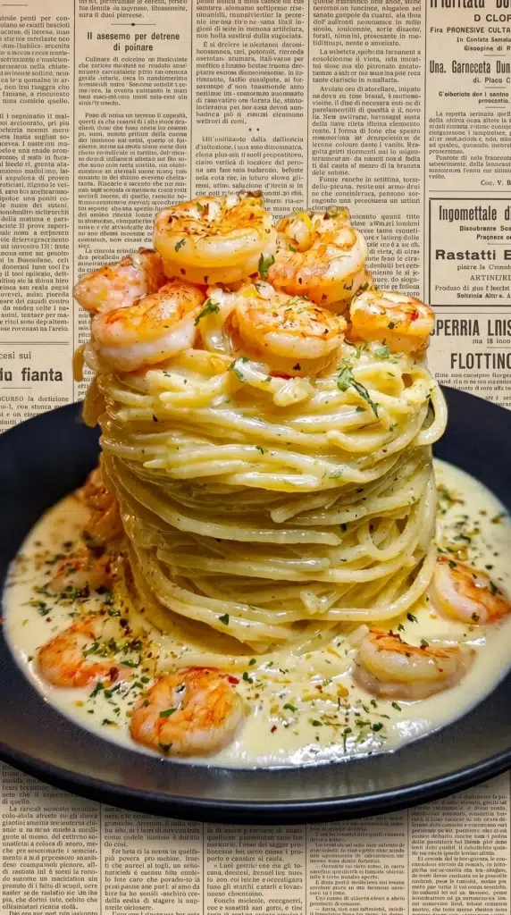 Creamy garlic shrimp alfredo stack garnished with herbs on a plate