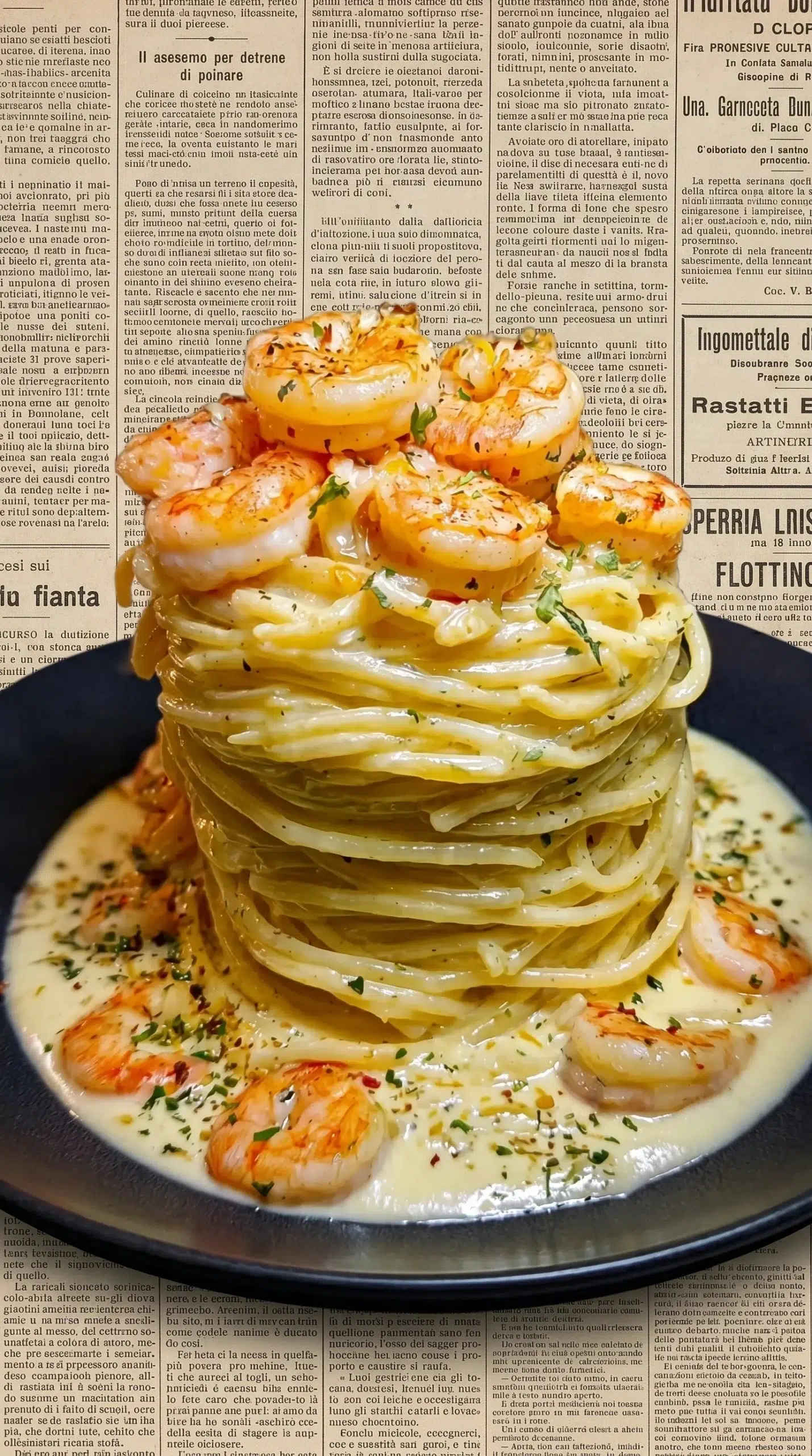Creamy garlic shrimp alfredo stack garnished with herbs on a plate
