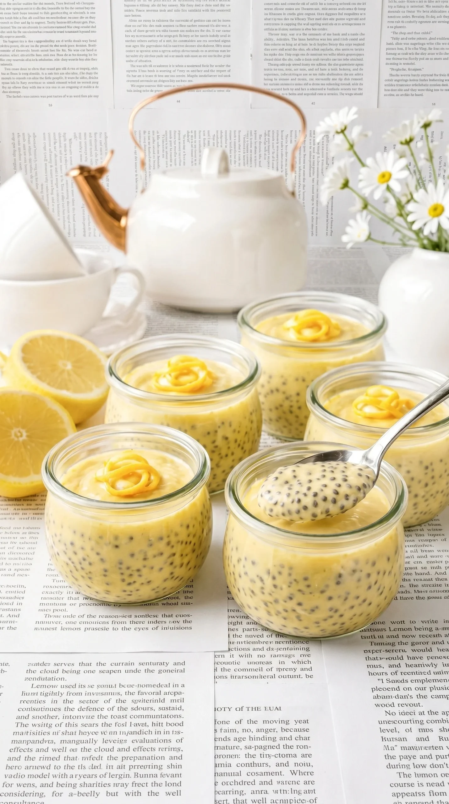 Creamy lemon chia seed pudding topped with fresh fruits.