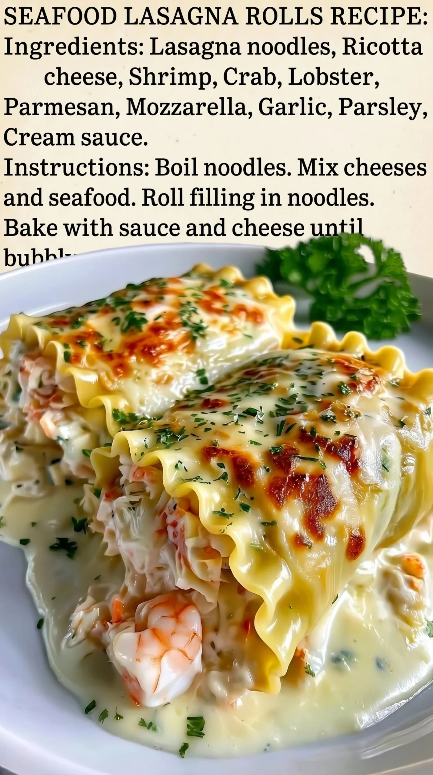 Creamy seafood lasagna rolls served with a sprinkle of herbs