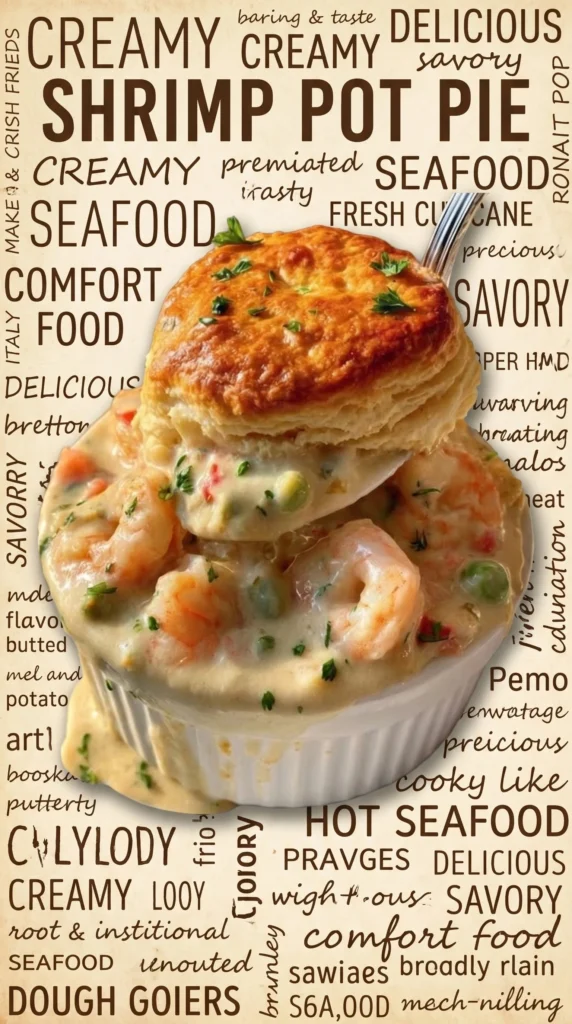 Creamy shrimp biscuit pot pie with flaky crust in a dish