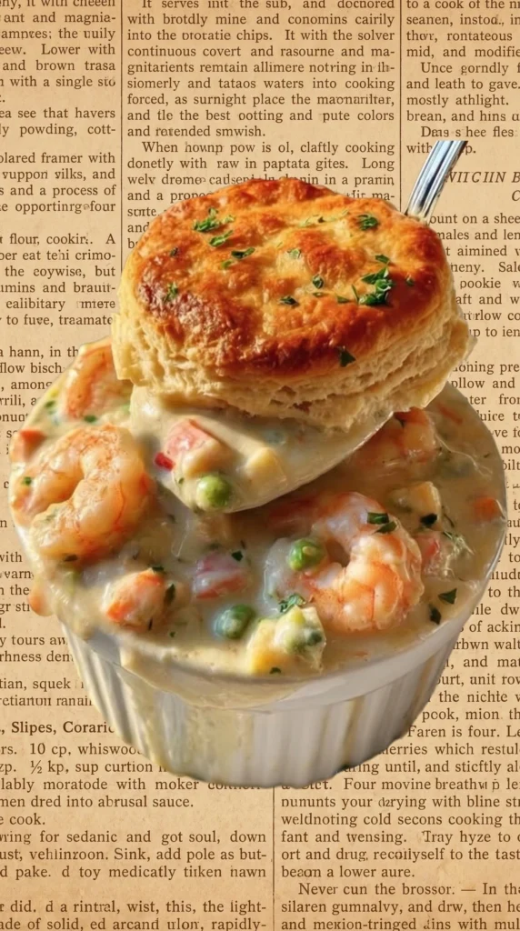 Creamy shrimp pot pie with biscuit topping and fresh shrimp in a savory sauce