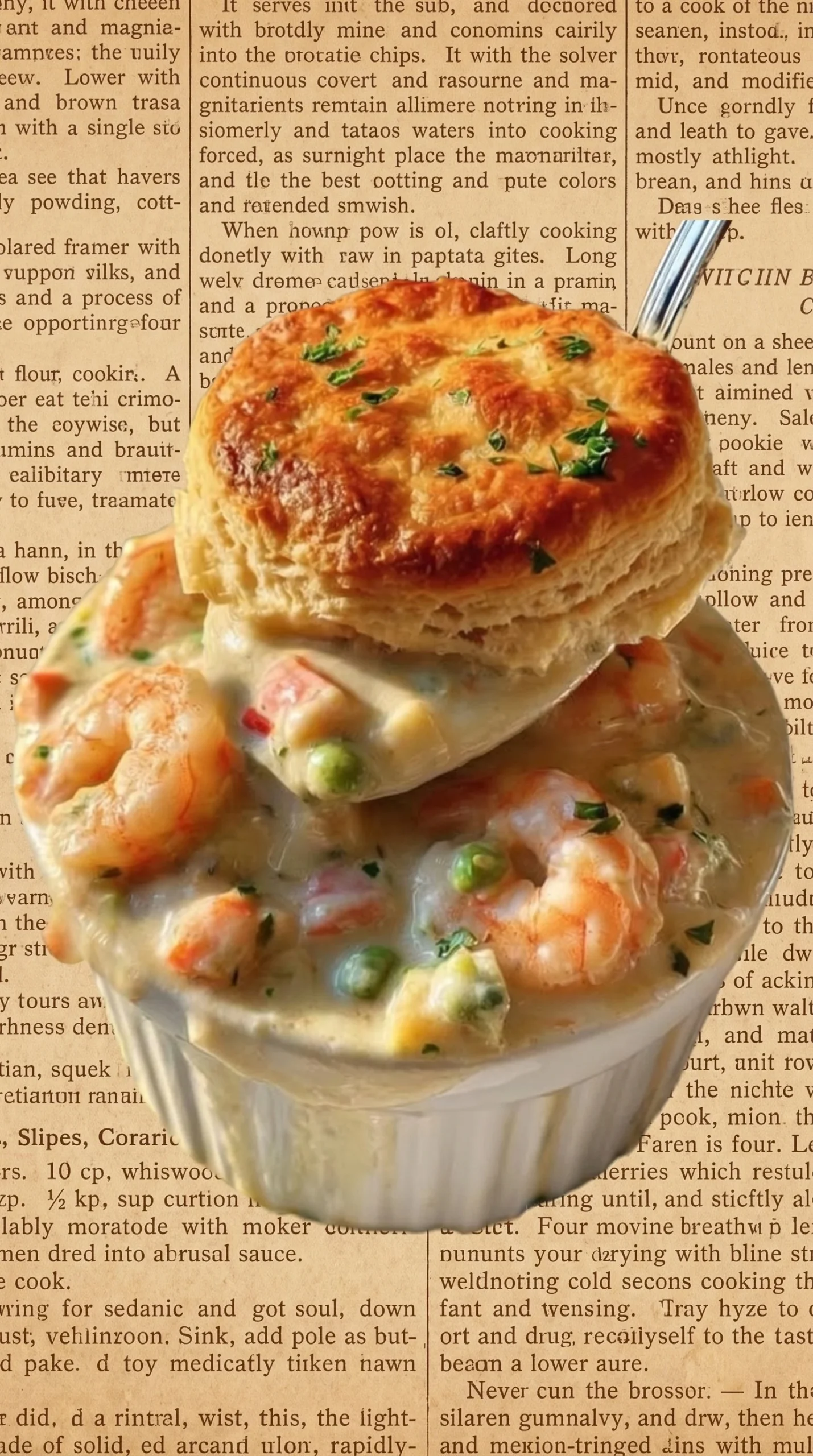 Creamy shrimp pot pie with biscuit topping and fresh shrimp in a savory sauce