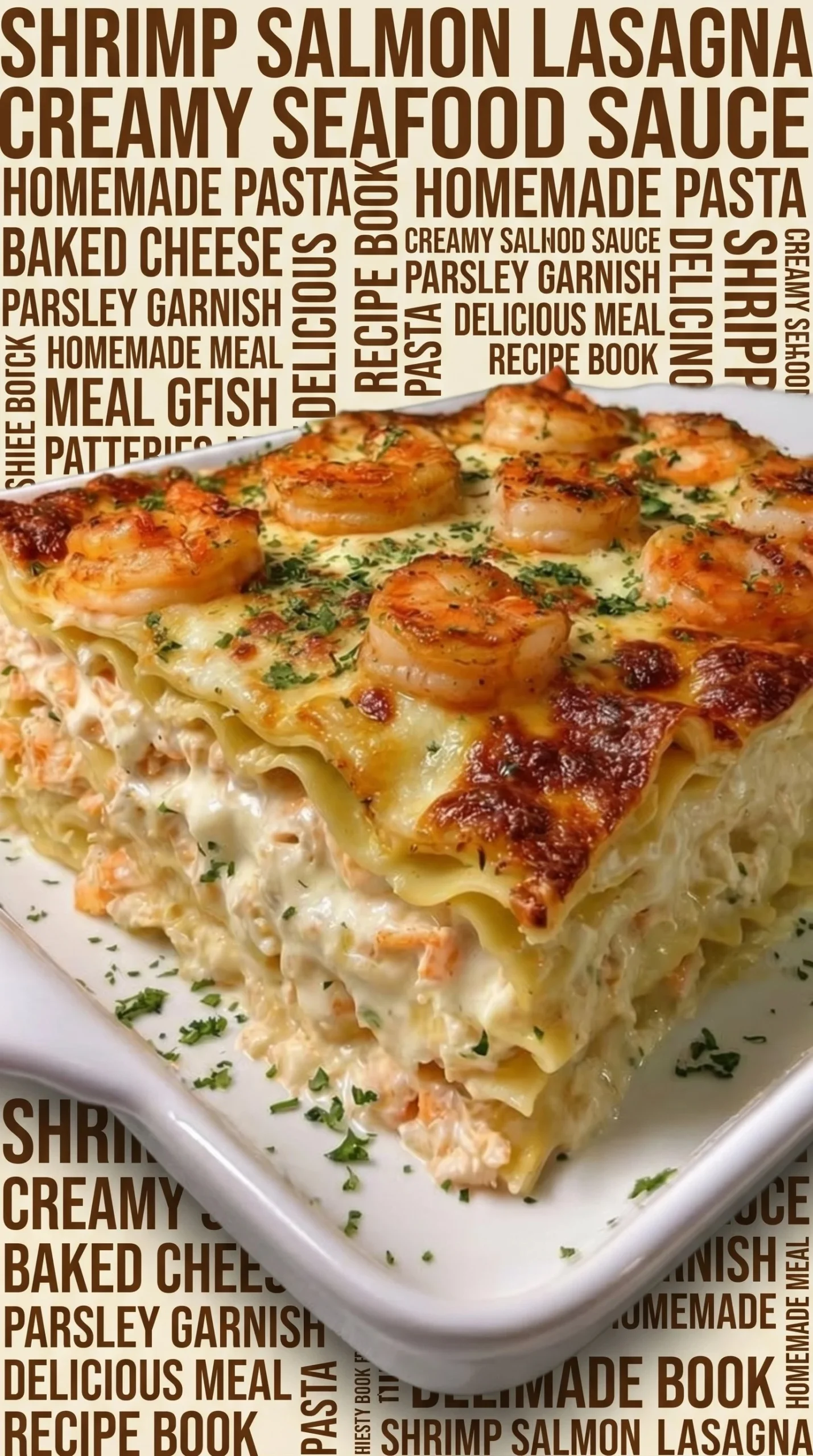 Creamy shrimp crab lasagna ready to serve with layers of seafood and cheese