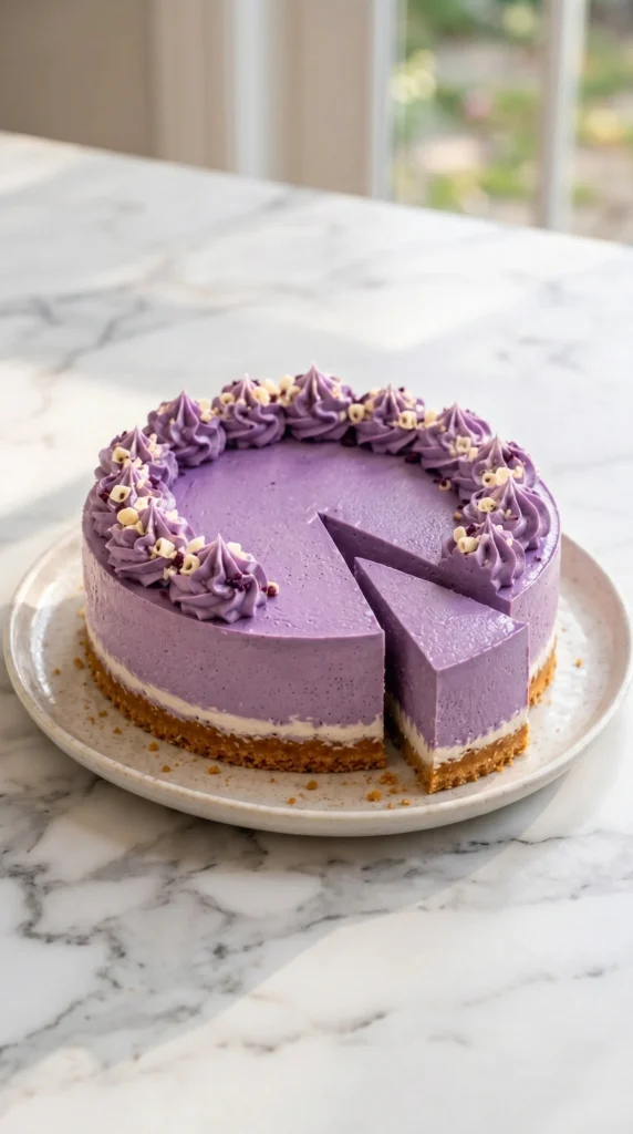 Slice of creamy ube cheesecake topped with whipped cream and purple ube