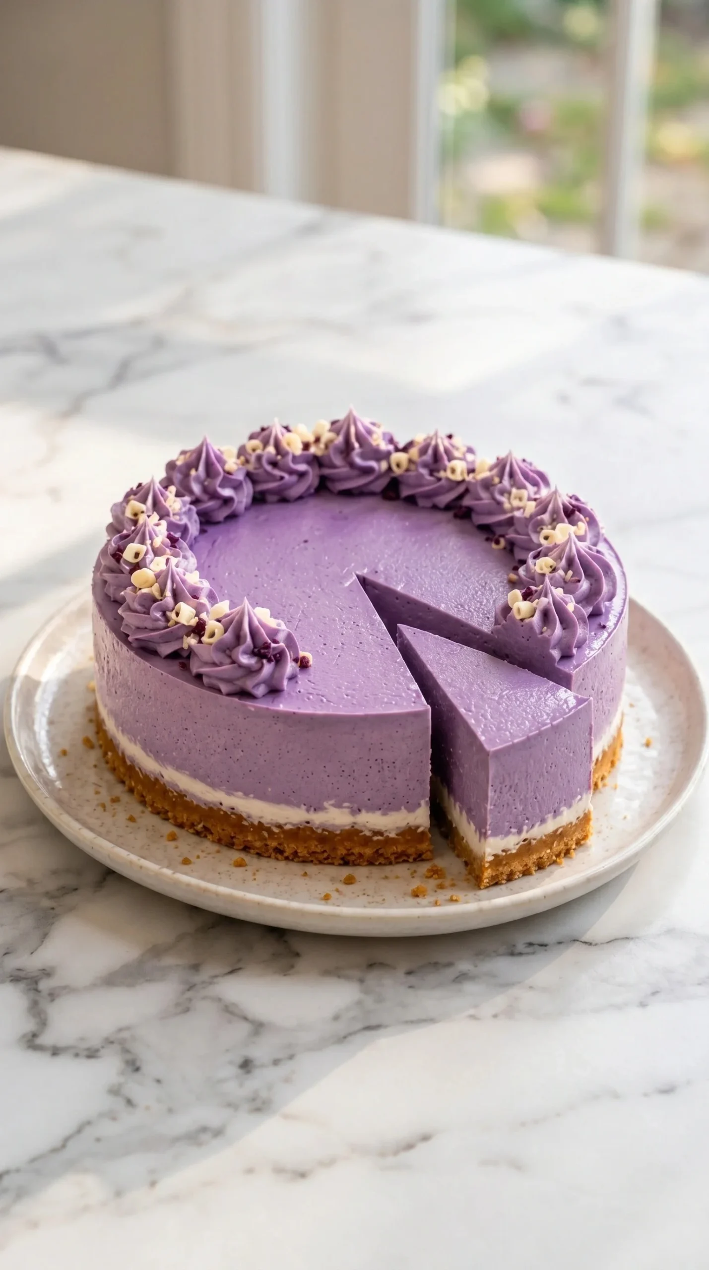 Slice of creamy ube cheesecake topped with whipped cream and purple ube