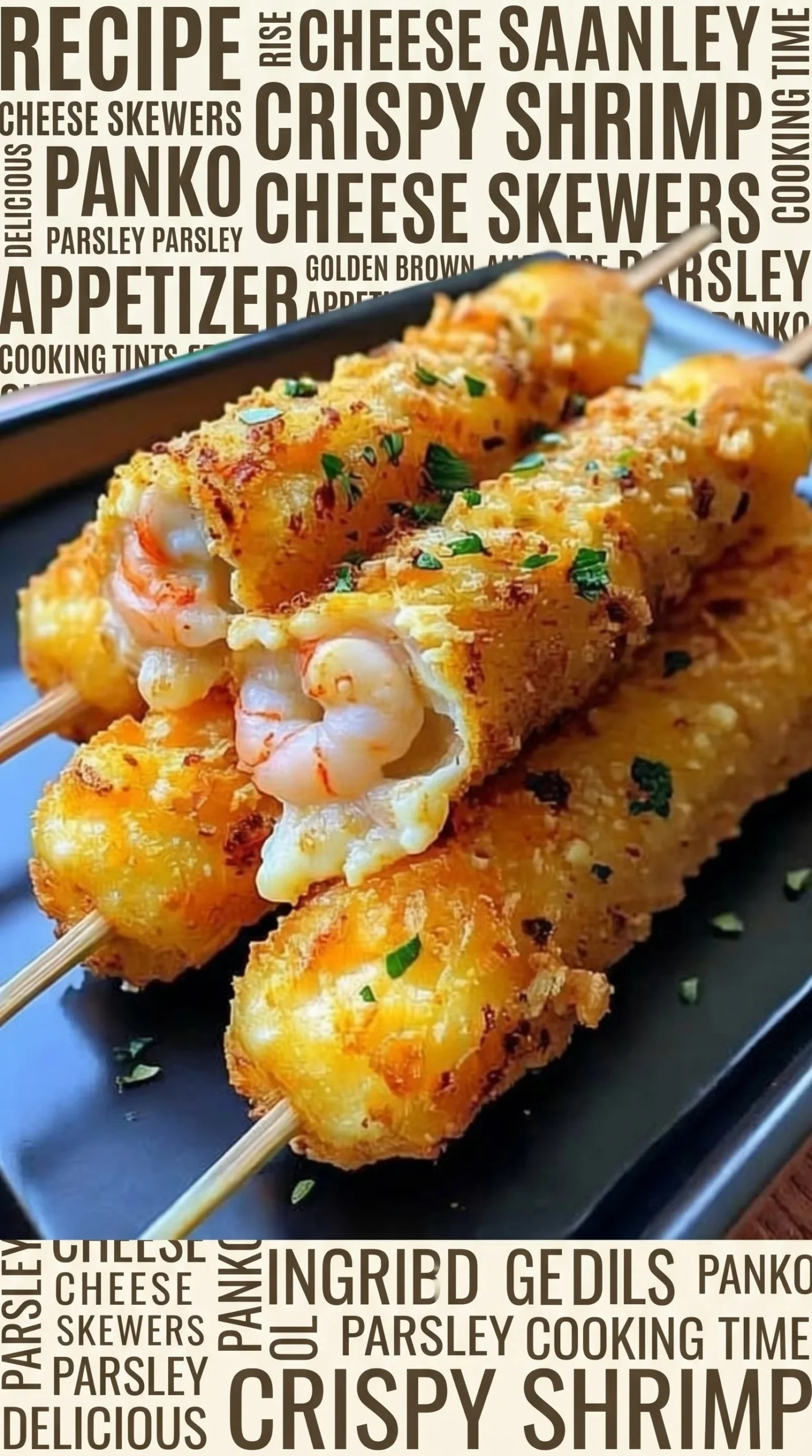 Crispy seafood stuffed skewers ready to be served on a plate.