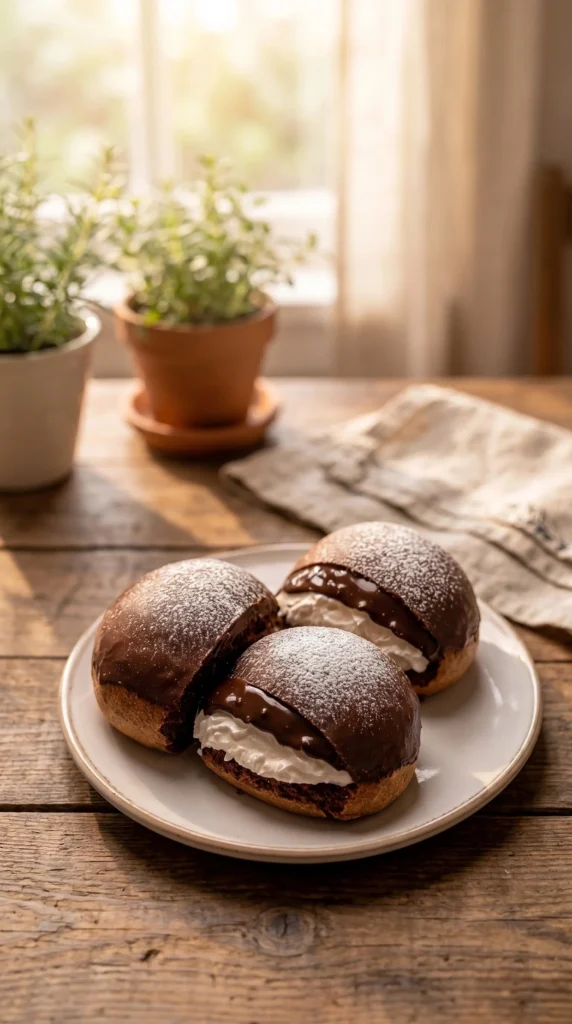 Delicious chocolate maritozzi, soft Italian pastry filled with rich chocolate cream