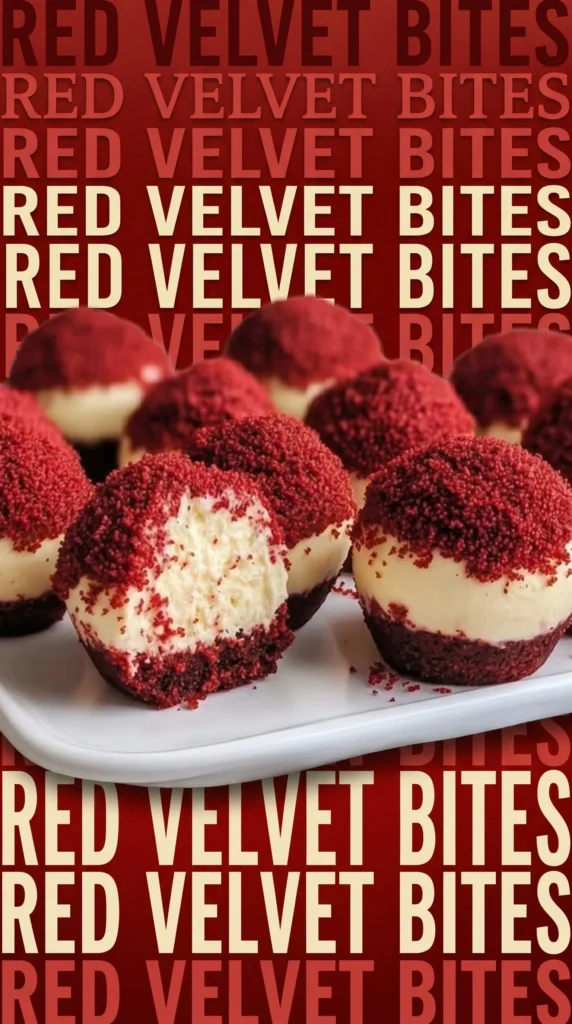 Delicious mini red velvet cheesecake bites with creamy vanilla swirl
