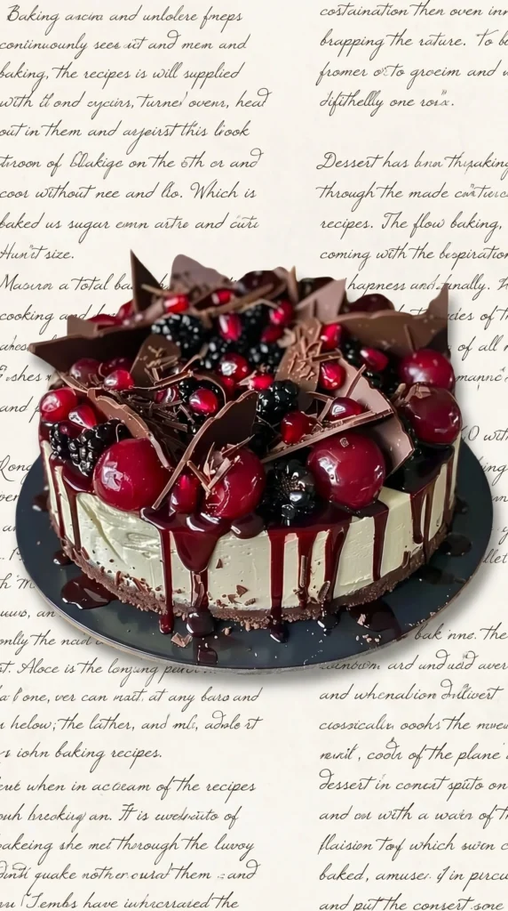 A delicious slice of Black Forest Cheesecake Pie topped with cherries and chocolate