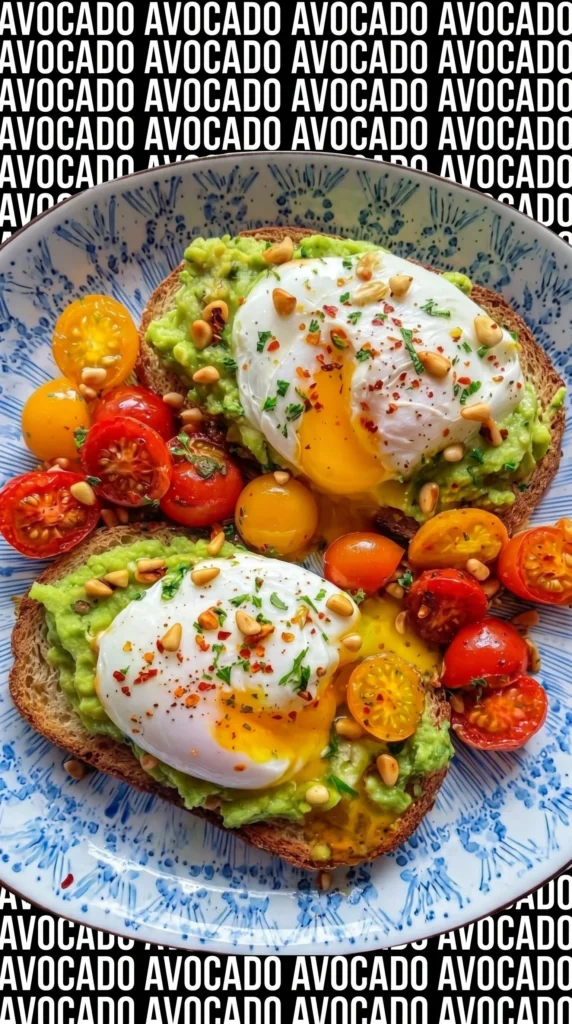 Double Poached Avocado Toast Deluxe topped with herbs and spices.