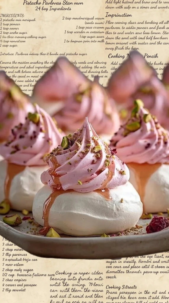 Elegant rose gold pavlova domes with raspberry rose cream and pistachio crunch