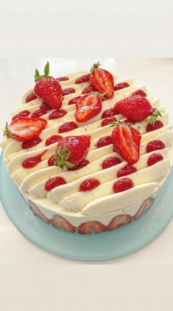 Elegant strawberry cake decorated with fresh strawberries and cream