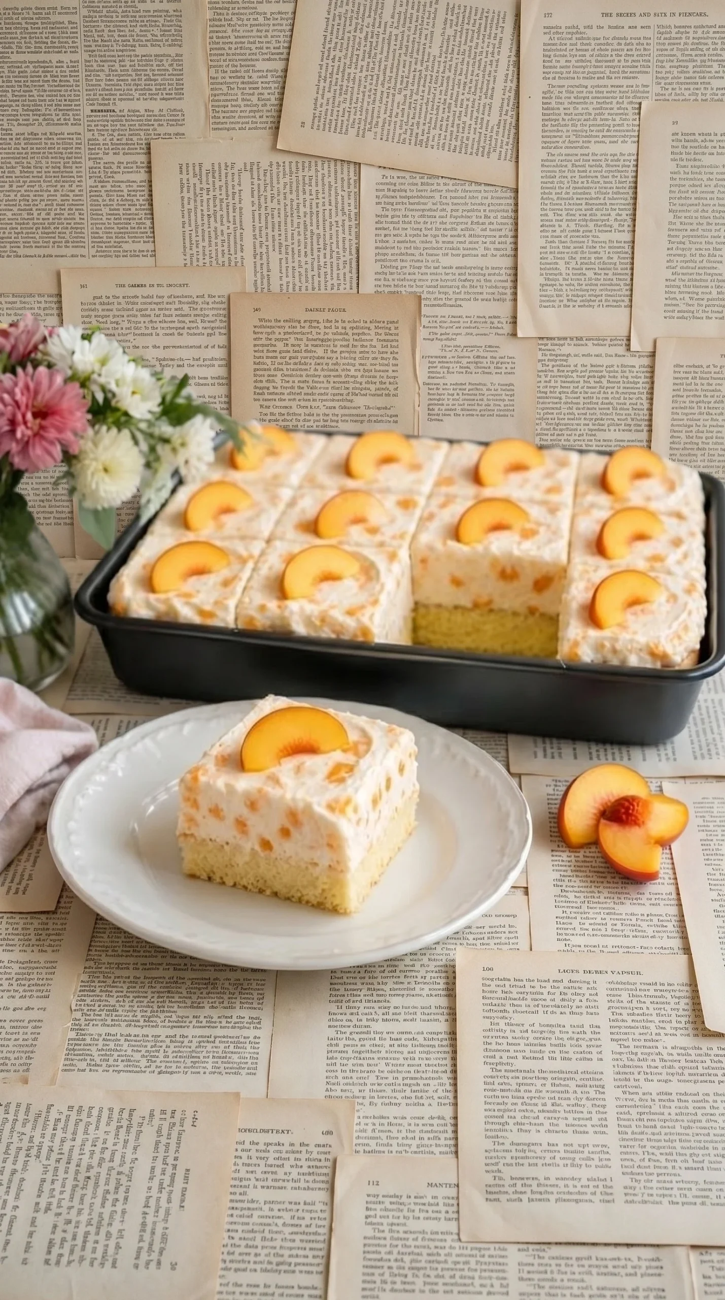 Fanta Sheet Cake topped with creamy peach frosting on a vibrant orange background
