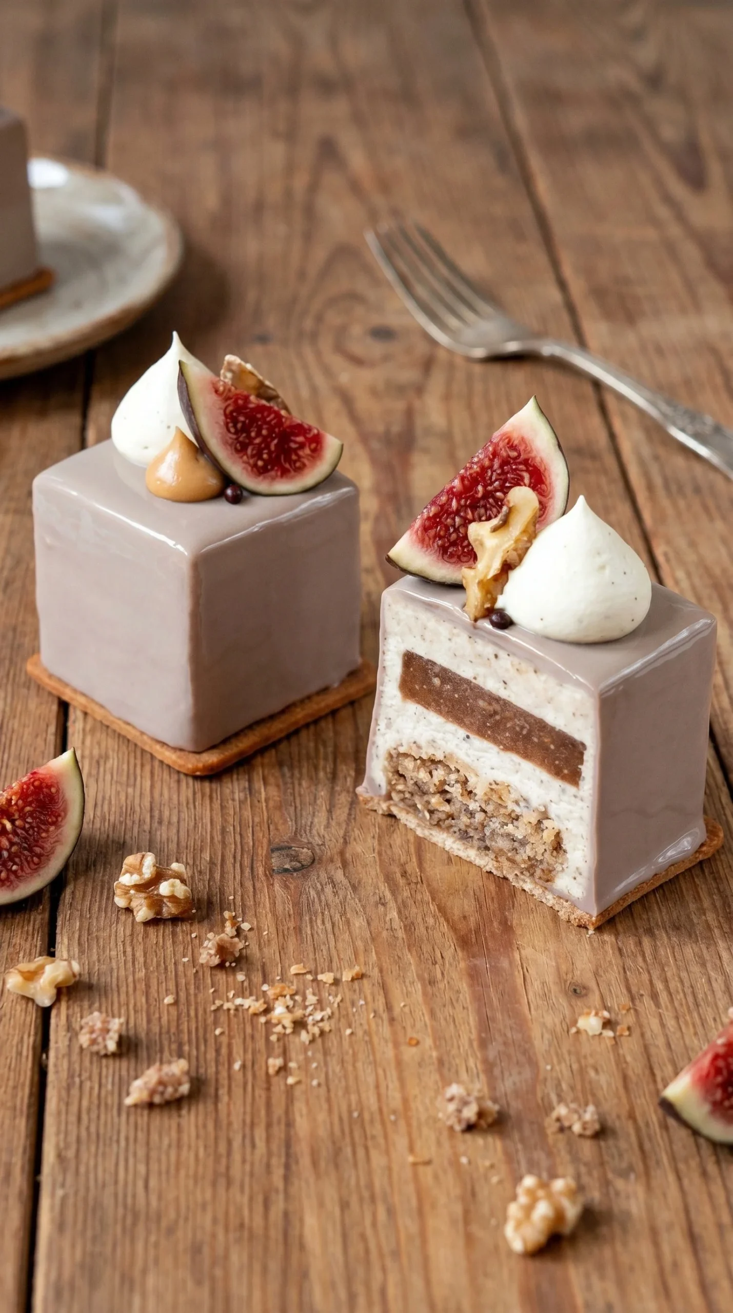 Fig and Walnut Mousse Cubes served on a plate garnished with fresh figs and walnuts