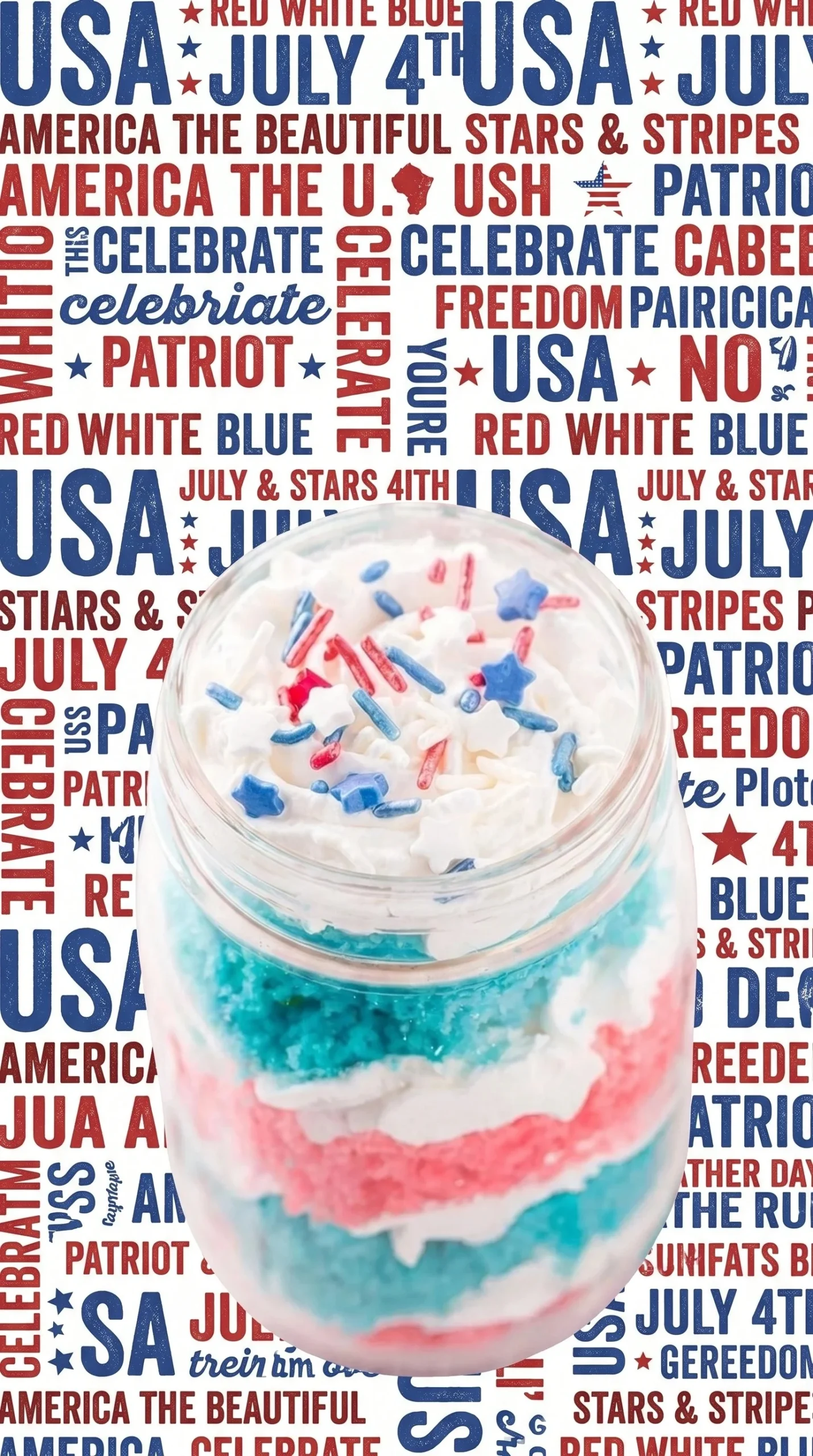 Festive Fourth of July Cake in a jar with red, white, and blue layers