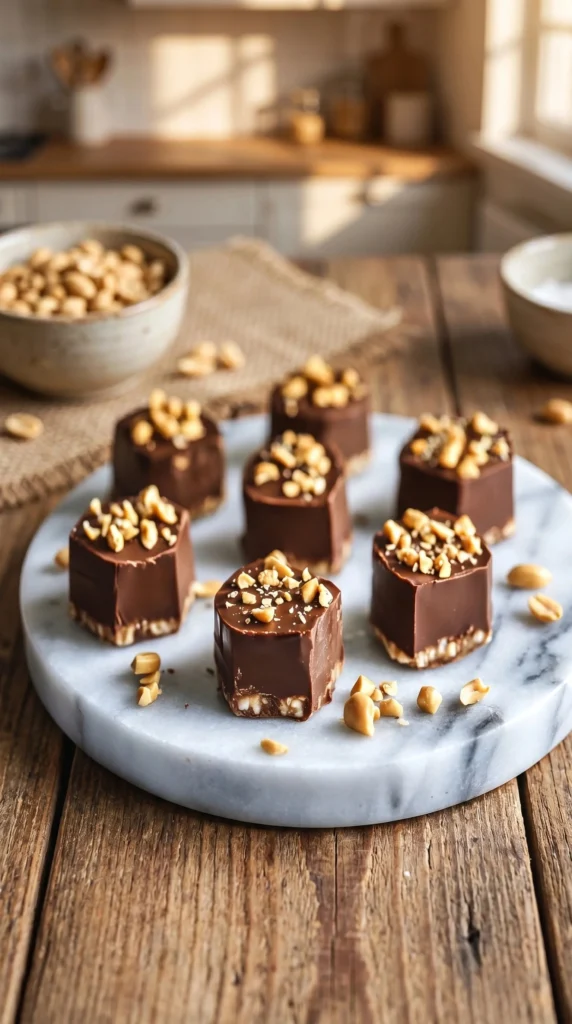 Frozen peanut butter Greek yogurt chocolate fudge bites on a plate.