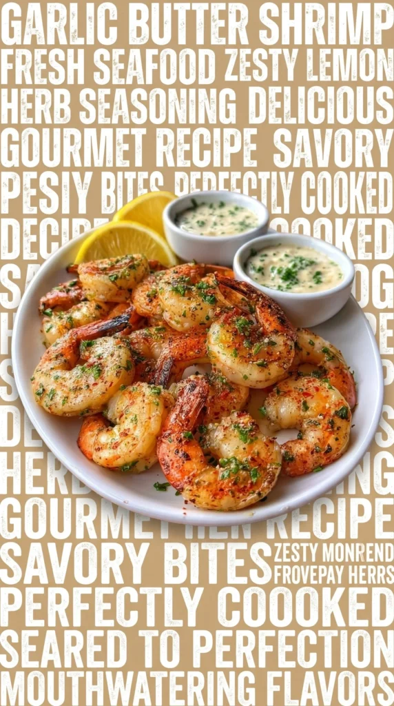 Garlic butter grilled shrimp served on a plate with fresh herbs