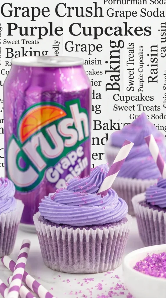 Delicious grape soda cupcakes with vibrant purple frosting and fizzy soda flavor