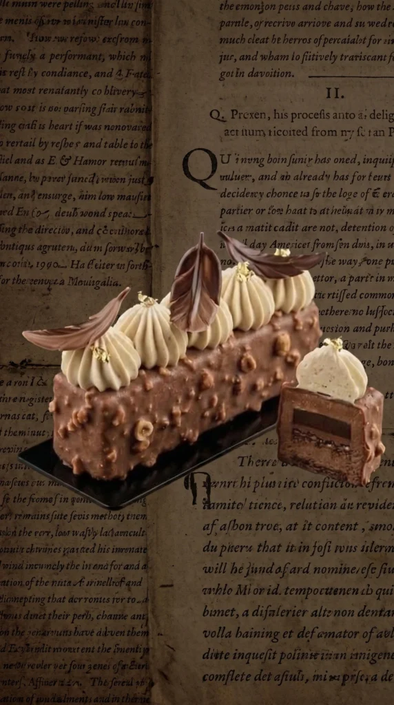 Delicious hazelnut chocolate entremet topped with nuts and chocolate glaze