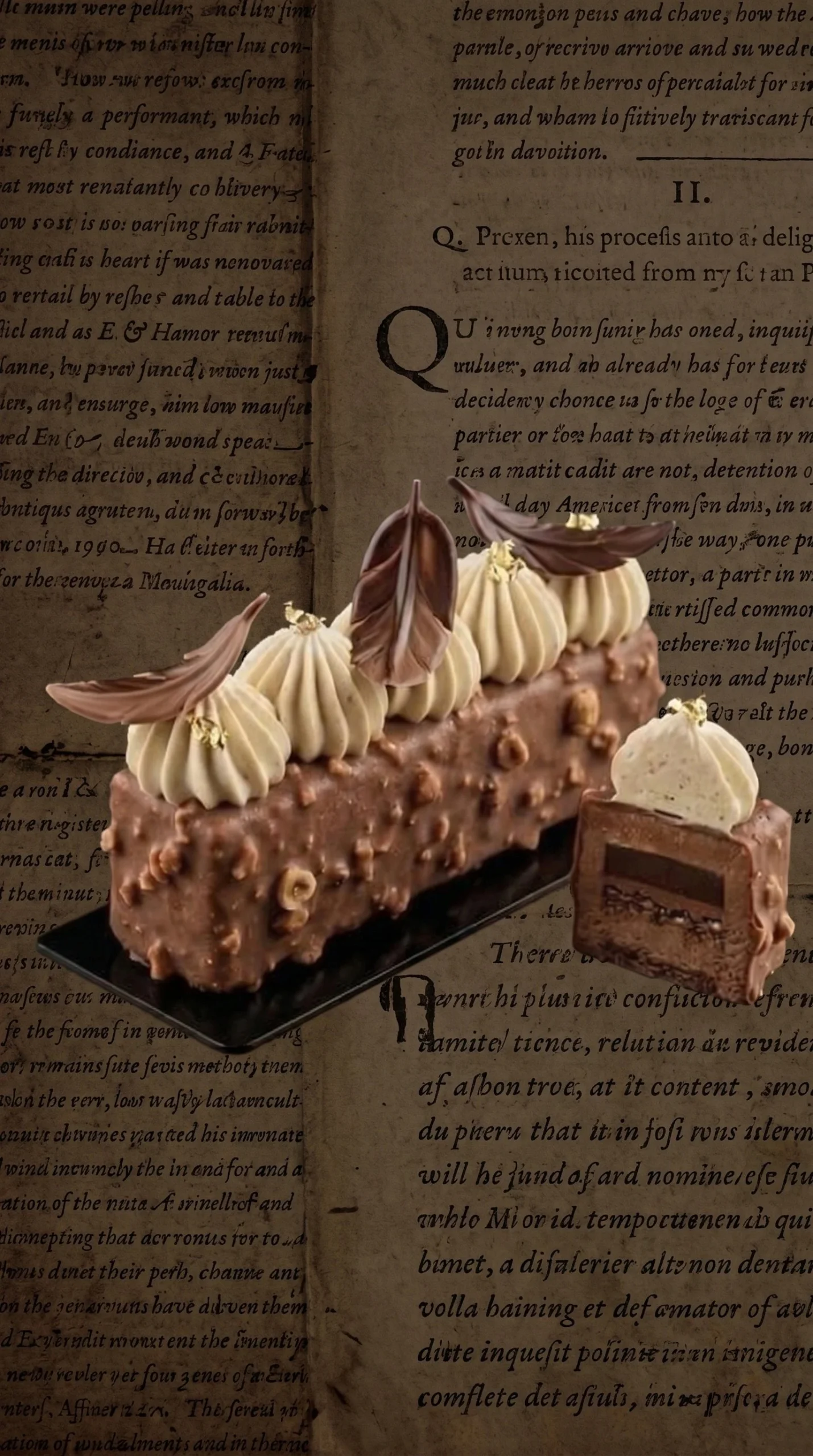 Delicious hazelnut chocolate entremet topped with nuts and chocolate glaze