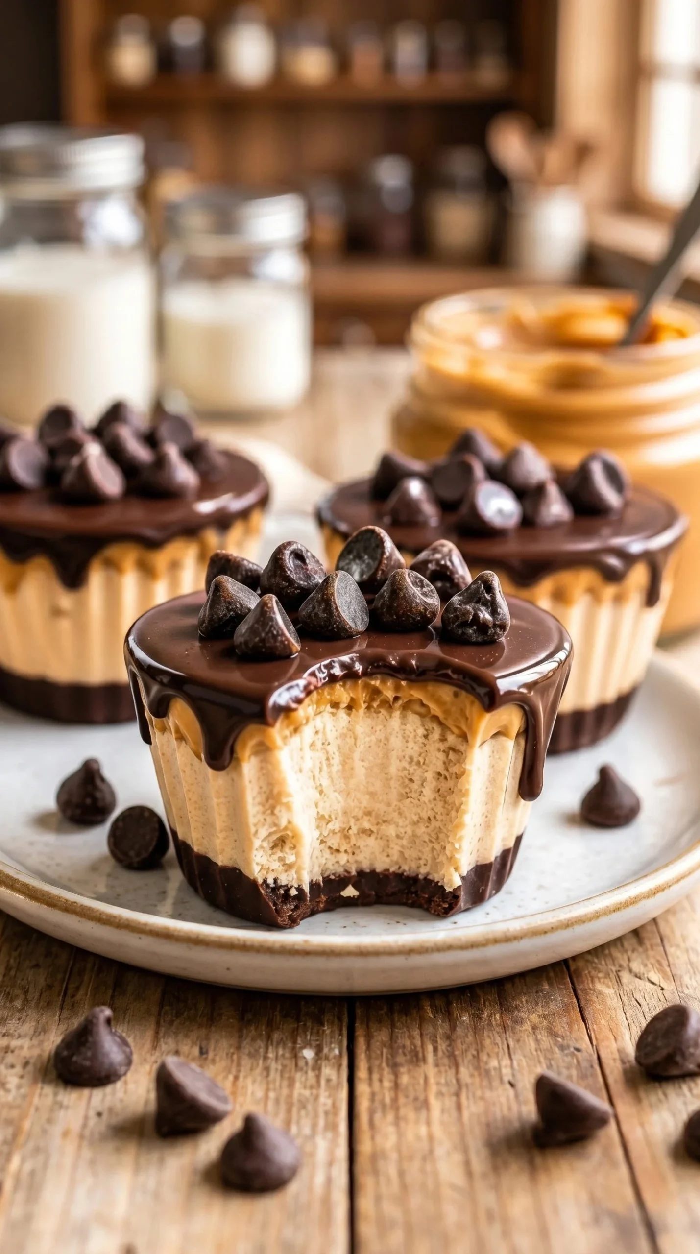 Healthy frozen peanut butter yogurt cups topped with chocolate melt