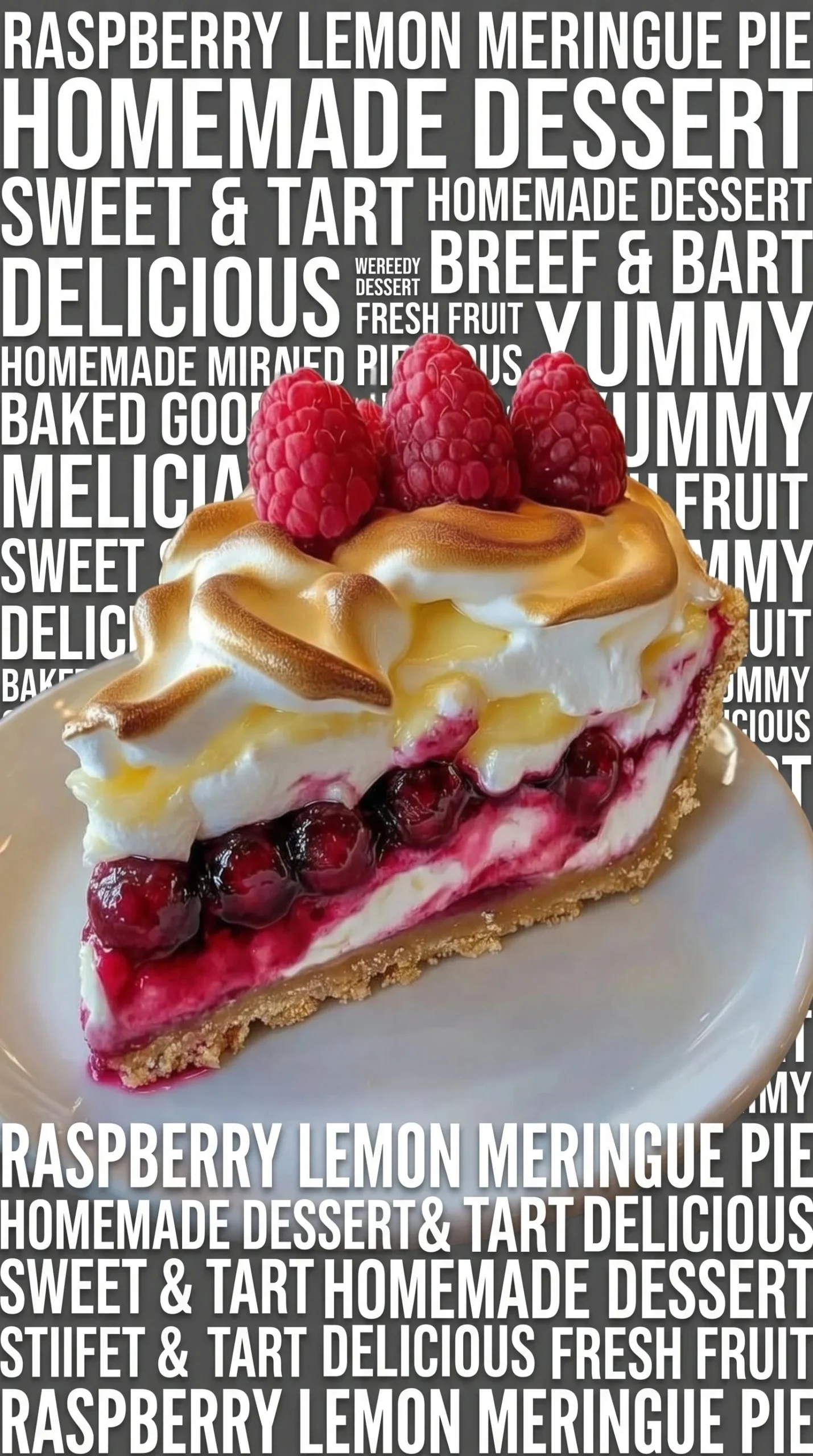 Heavenly lemon raspberry meringue cheesecake topped with fresh raspberries