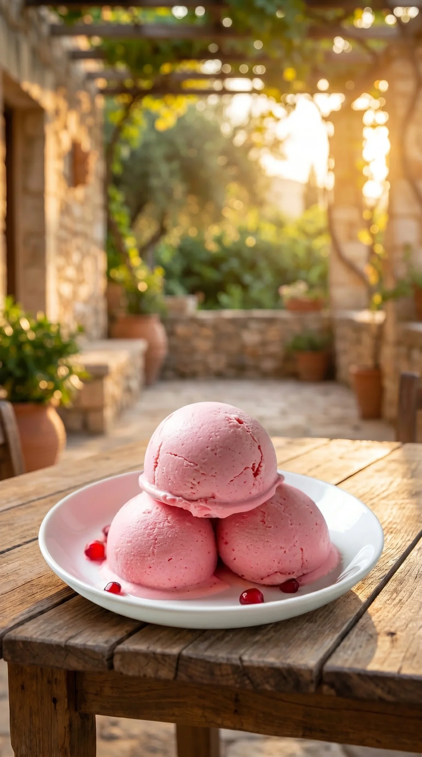 Delicious homemade pomegranate ice cream in a bowl topped with pomegranate seeds.