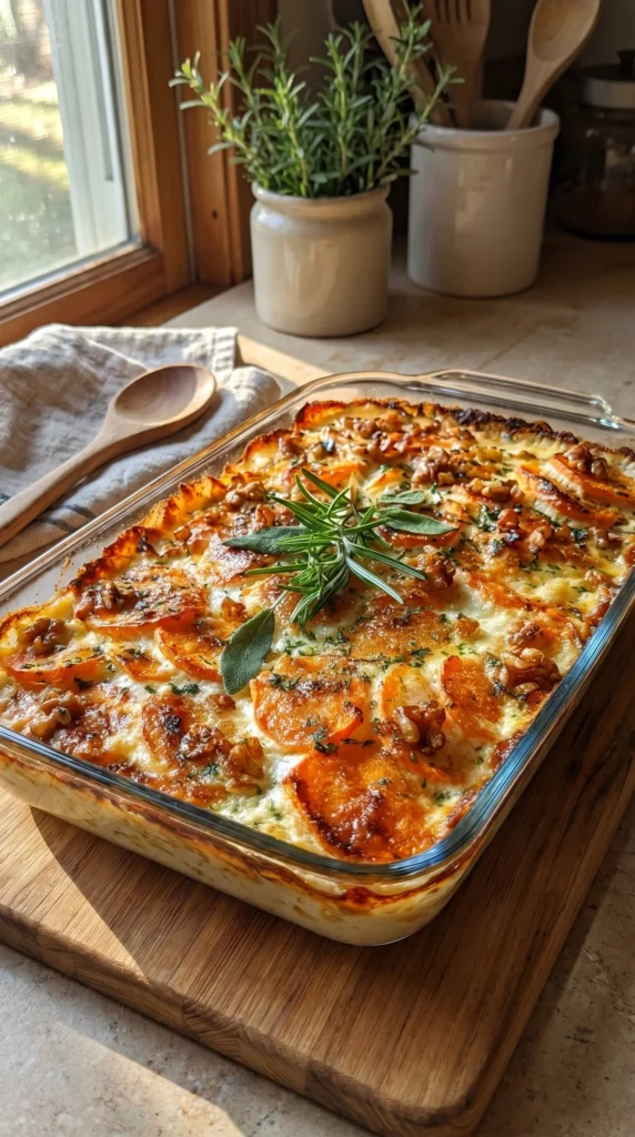 Layered sweet potato bake with ricotta, candied walnuts, and sage butter