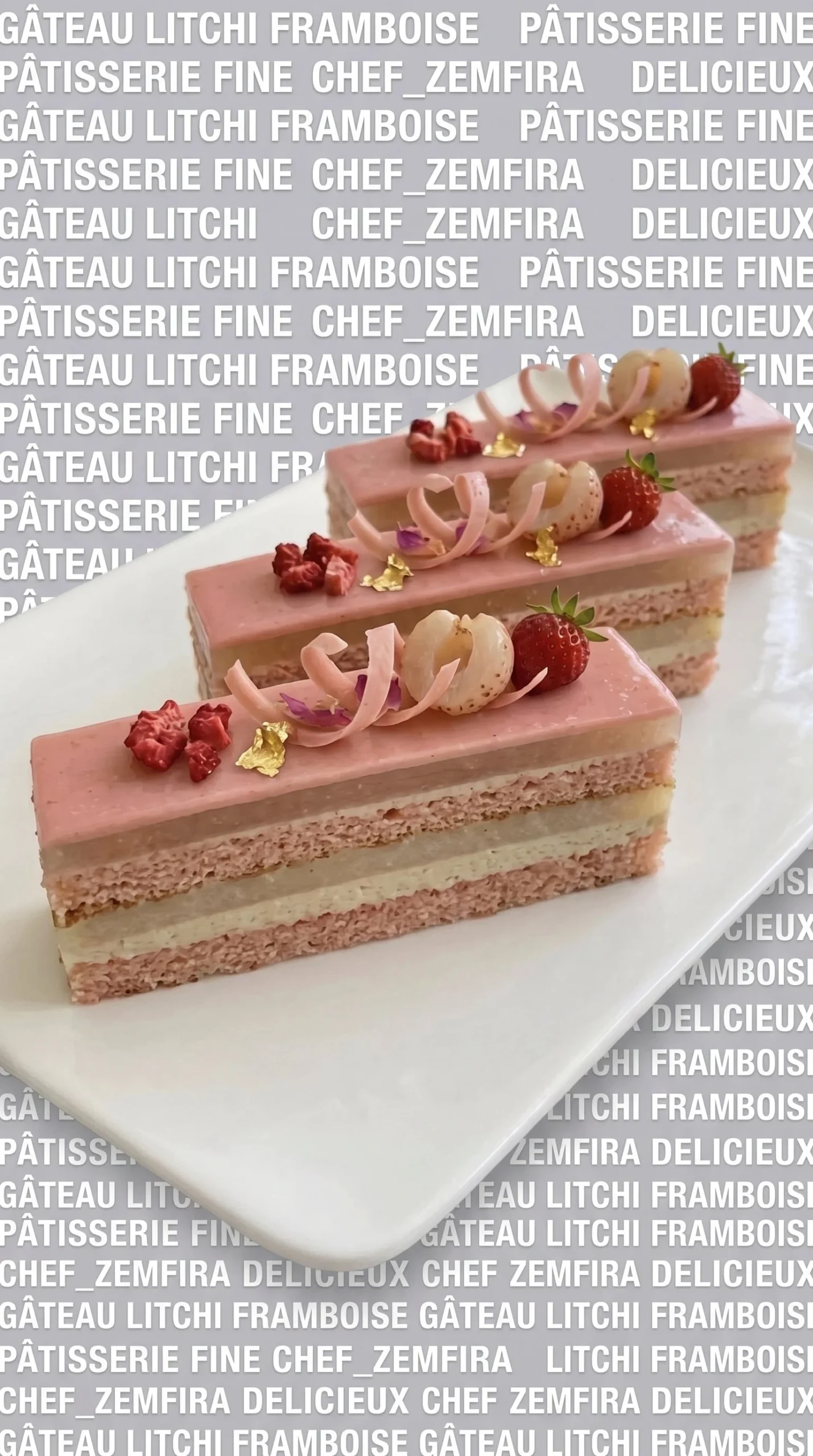 Delicious Lychee Strawberry Entremet dessert with layers of fruity flavors.
