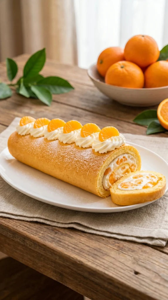 Delicious Mandarin Biscuit Roll with Cream on a serving plate