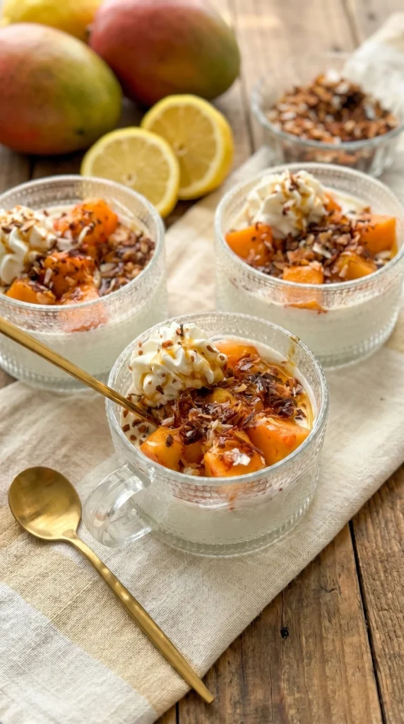 Mango Cheesecake Breakfast Bowls and Mini Snack Cups topped with fresh mango slices