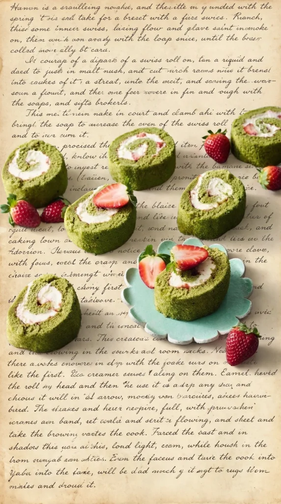 Slice of Matcha Strawberry Roulade garnished with fresh strawberries.